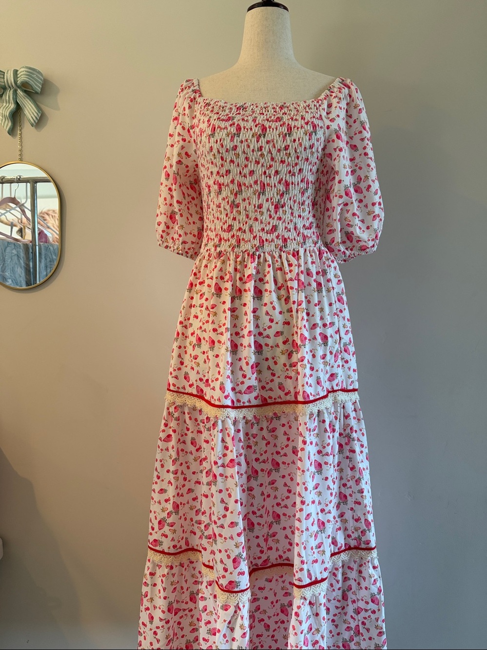 Smocked White Maxi Dress with Pink Floral Print
